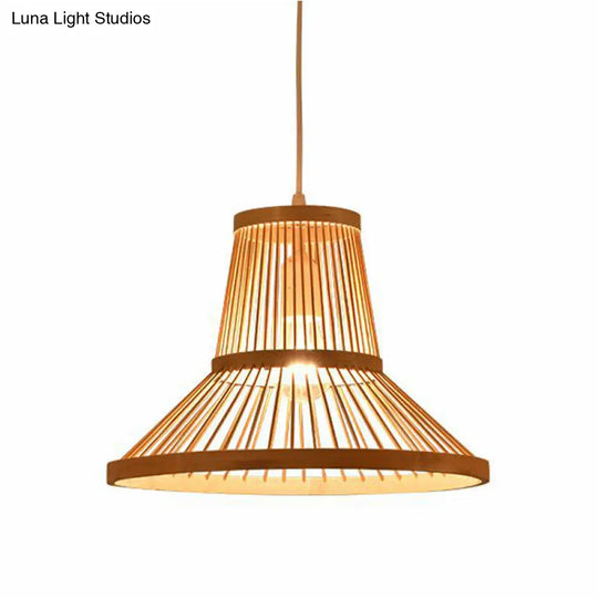 Modern Wood Pendant Lamp With Bamboo Cone Shade - 1 Light