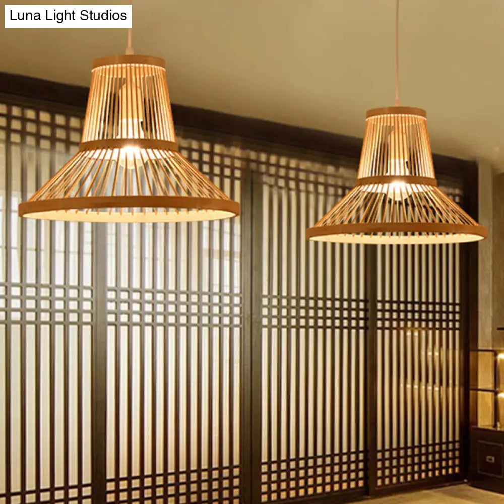 Modern Wood Pendant Lamp With Bamboo Cone Shade For Living Room