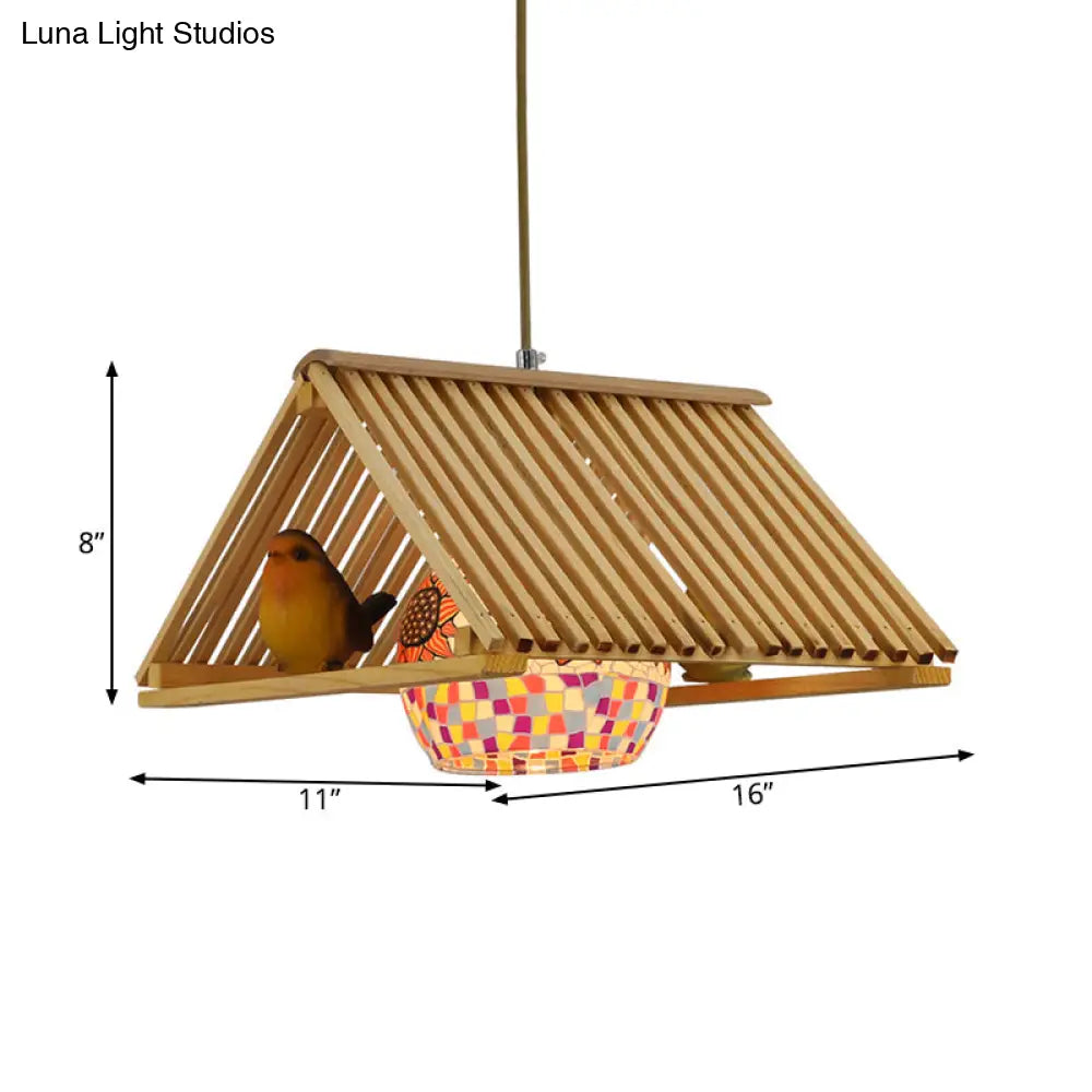 Modern Wood Pendant Light In Roof Shape Beige Hanging Fixture 16/19.5 Width