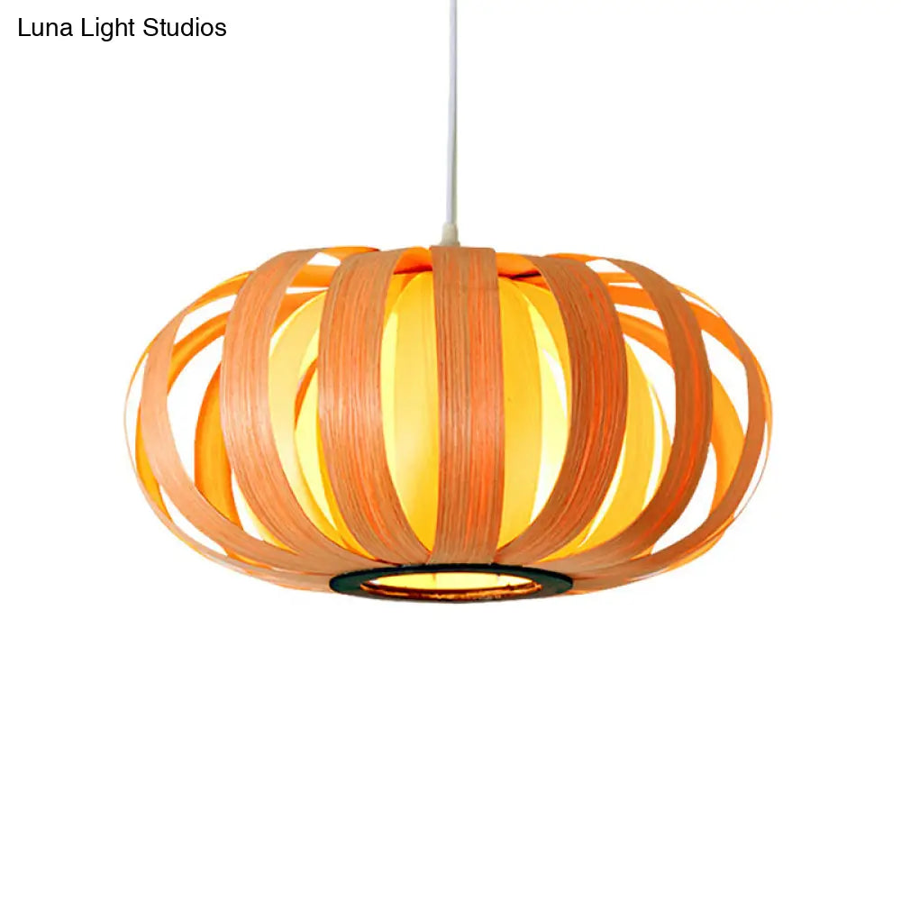 Modern Wood Pendant Light - Rounded Drum Shape Ideal For Restaurants