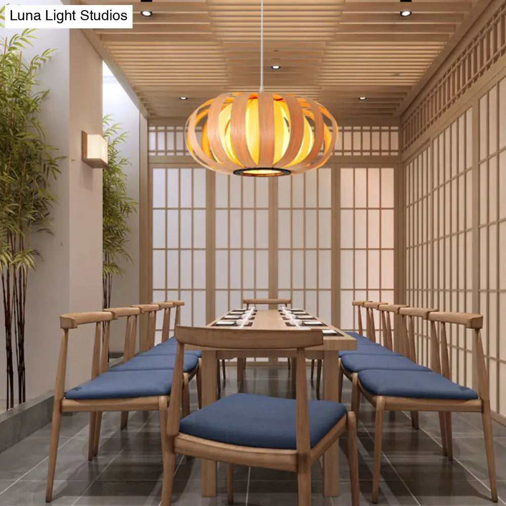 Modern Wood Pendant Light - Rounded Drum Shape Ideal For Restaurants