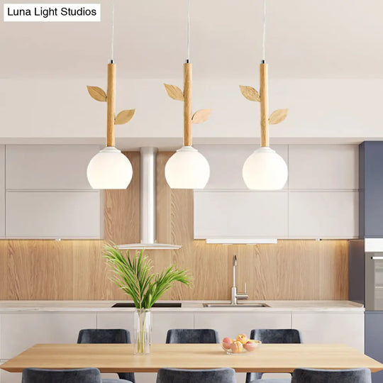 Modern Wood Pendant Light Fixture With Globe Cream Glass Shade - Branch Multi-Light Design 3 Bulbs