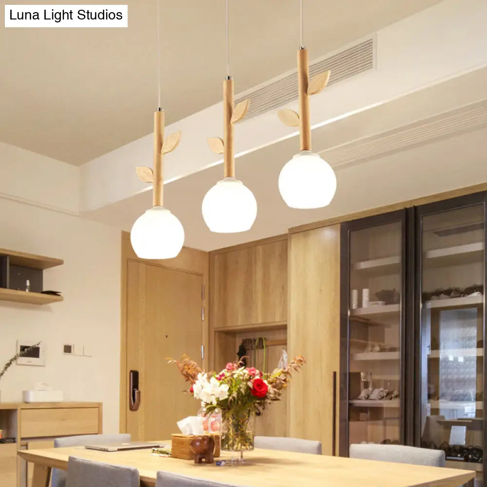 Modern Wood Pendant Light Fixture With Globe Cream Glass Shade - Branch Multi-Light Design 3 Bulbs