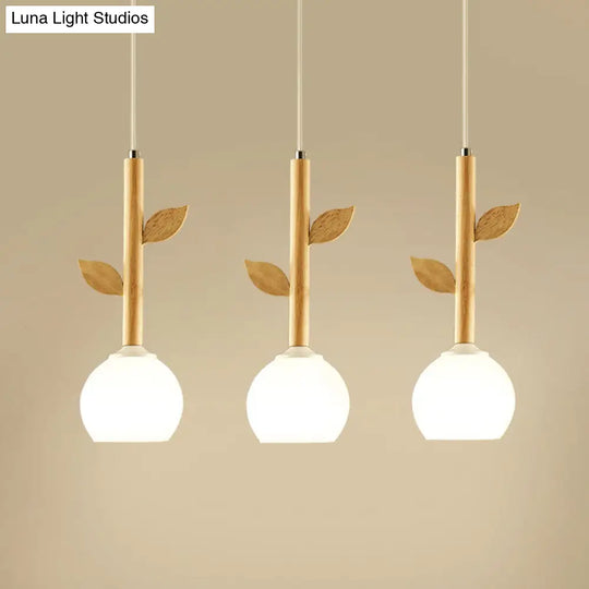 Modern Wood Pendant Light Fixture With Globe Cream Glass Shade - Branch Multi-Light Design 3 Bulbs