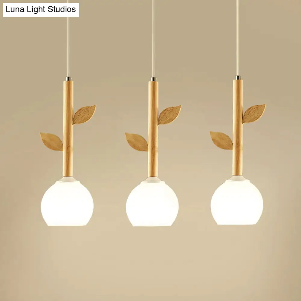 Modern Wood Pendant Light With Globe Cream Glass Shade - Branch Multi-Light 3 Bulbs Ideal For