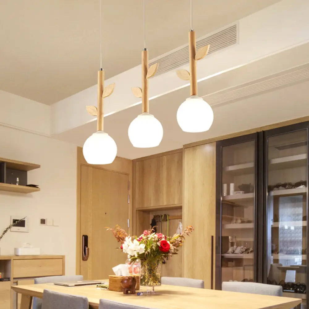 Modern Wood Pendant Light With Globe Cream Glass Shade - Branch Multi-Light 3 Bulbs Ideal For