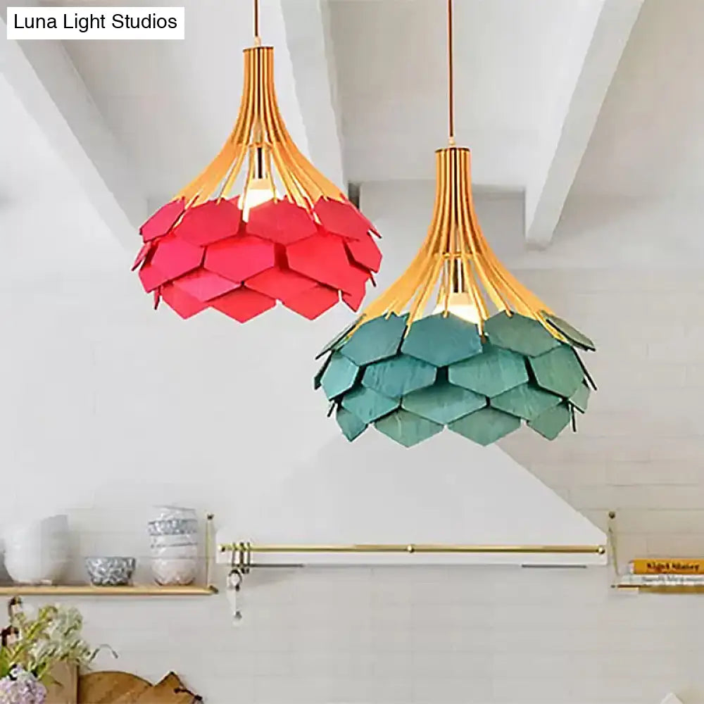 Modern Pine Cone Hanging Light Fixture - Wood Pendant Lamp For Dining Room With Red/Blue 1 Bulb