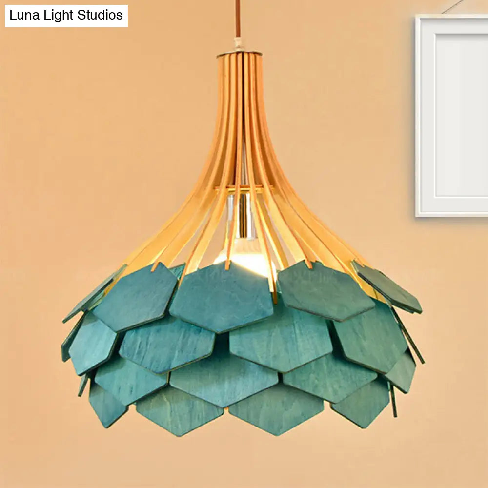 Modern Pine Cone Hanging Light Fixture - Wood Pendant Lamp For Dining Room With Red/Blue 1 Bulb