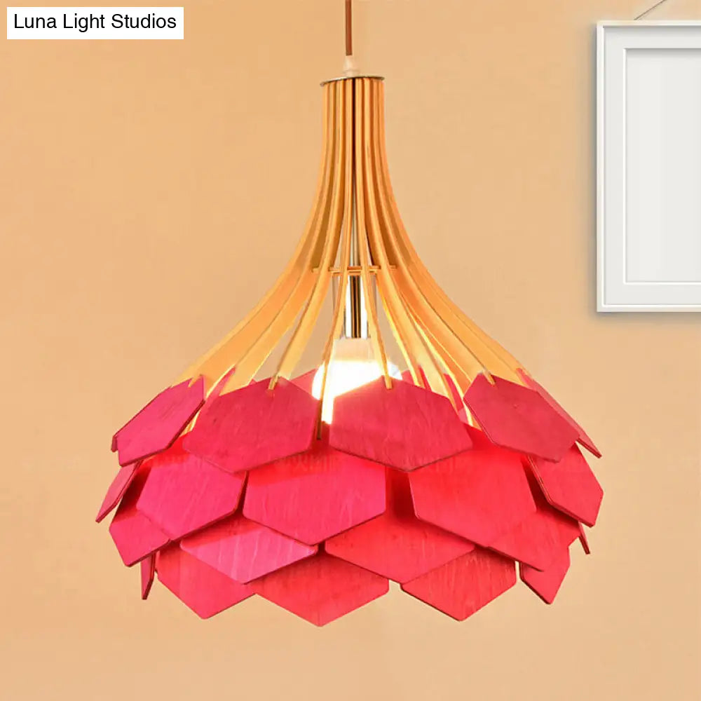 Modern Pine Cone Hanging Light Fixture - Wood Pendant Lamp For Dining Room With Red/Blue 1 Bulb