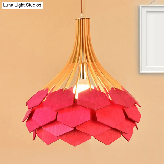 Modern Pine Cone Hanging Light Fixture - Wood Pendant Lamp For Dining Room With Red/Blue 1 Bulb