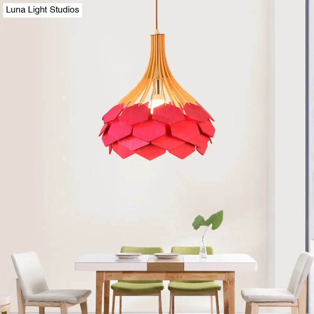 Modern Wood Pine Cone Pendant Lamp - Red/Blue 1-Bulb Hanging Light Fixture For Dining Room