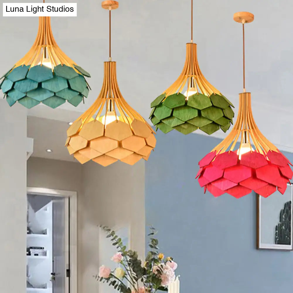 Modern Wood Pine Cone Pendant Lamp - Red/Blue 1-Bulb Hanging Light Fixture For Dining Room