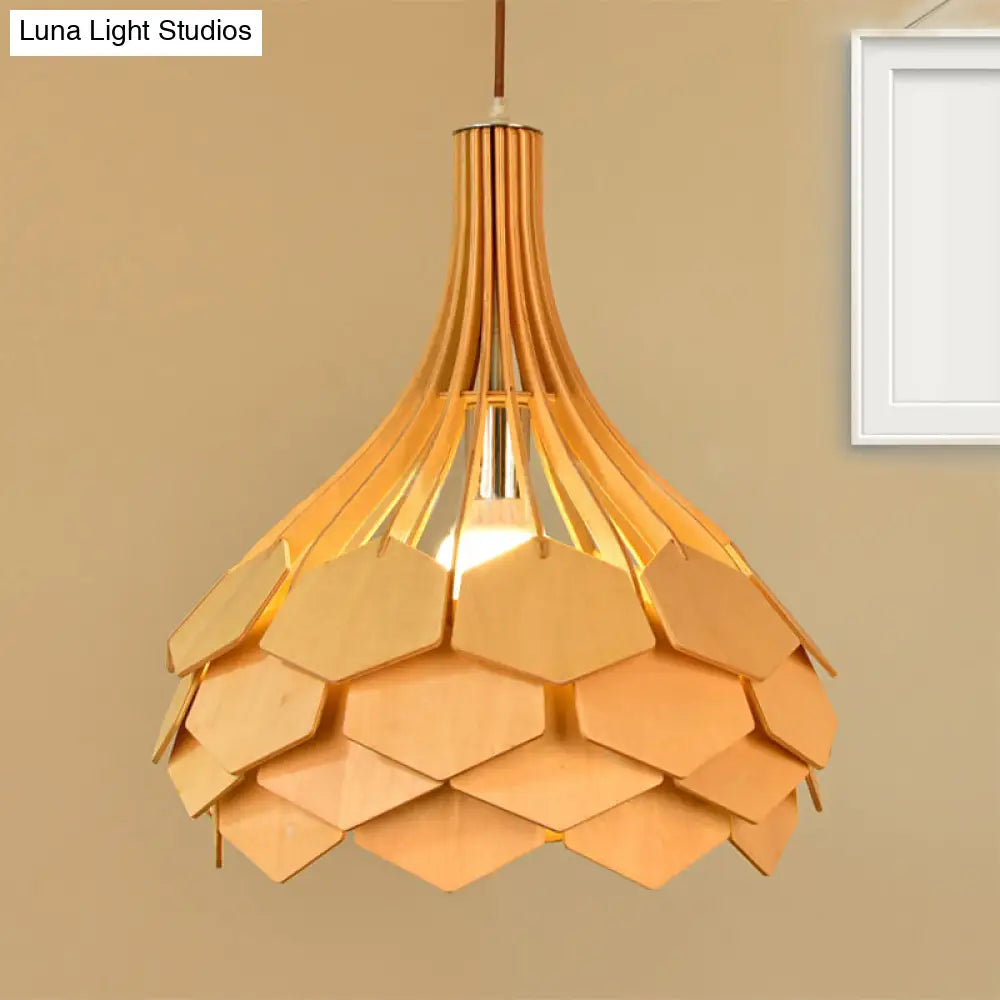 Modern Wood Pine Cone Pendant Lamp - Red/Blue 1-Bulb Hanging Light Fixture For Dining Room