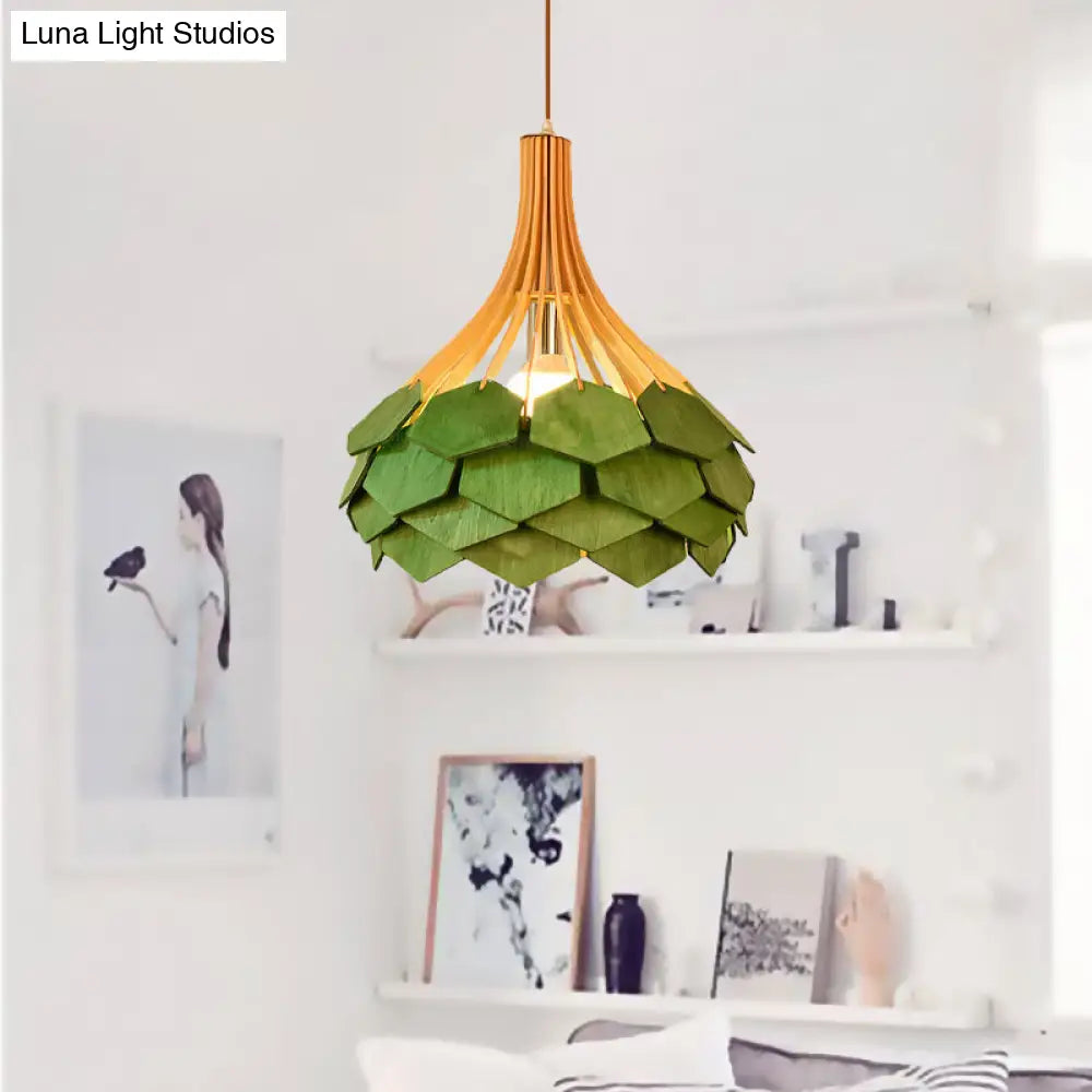 Modern Wood Pine Cone Pendant Lamp - Red/Blue 1-Bulb Hanging Light Fixture For Dining Room