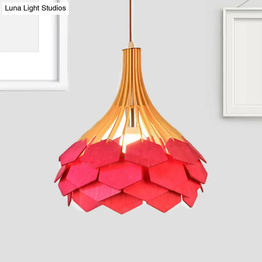 Modern Pine Cone Hanging Light Fixture - Wood Pendant Lamp For Dining Room With Red/Blue 1 Bulb