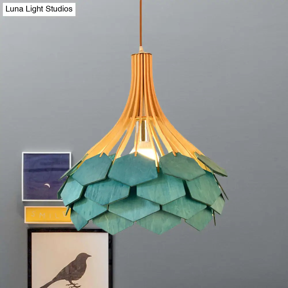 Modern Pine Cone Hanging Light Fixture - Wood Pendant Lamp For Dining Room With Red/Blue 1 Bulb