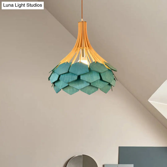 Modern Pine Cone Hanging Light Fixture - Wood Pendant Lamp For Dining Room With Red/Blue 1 Bulb