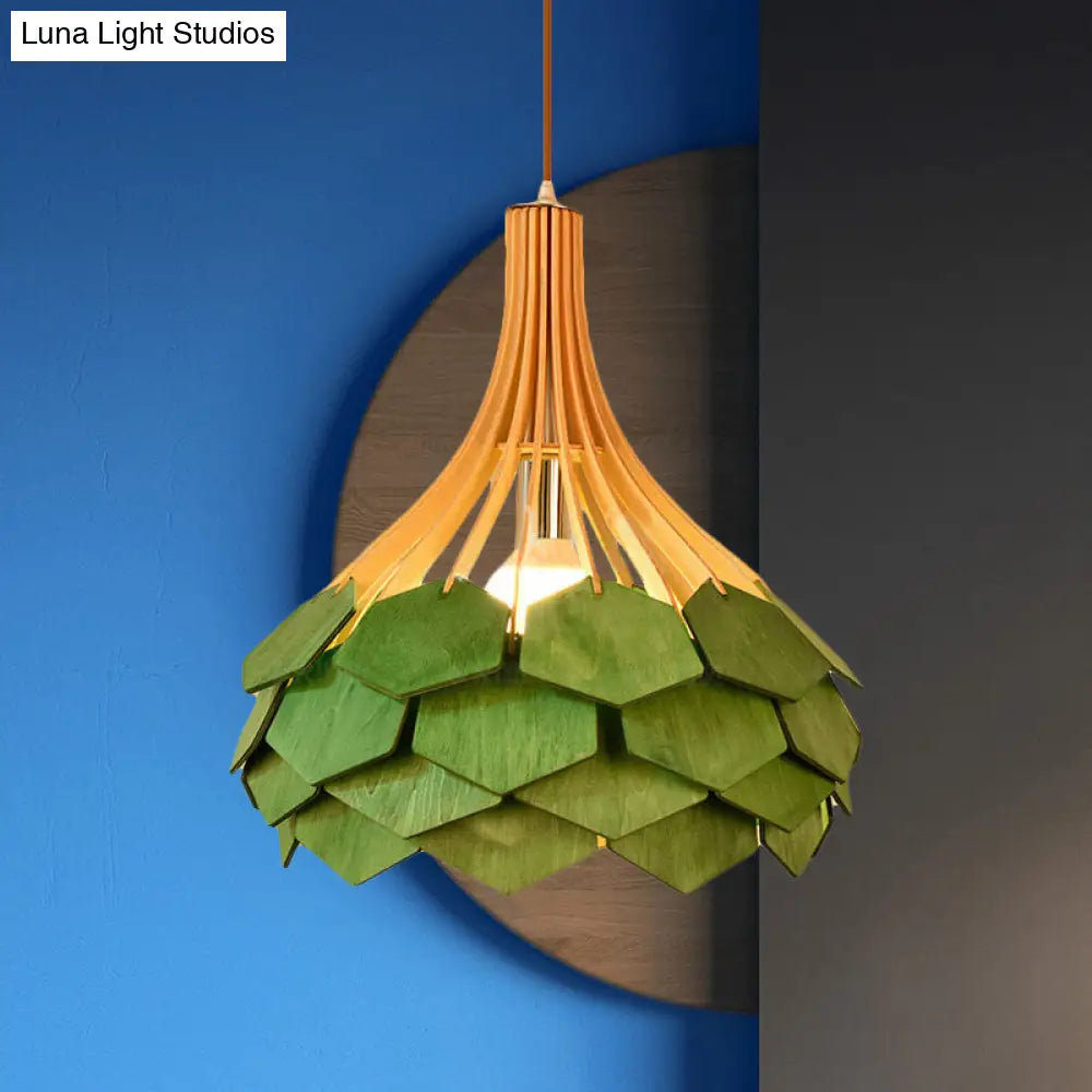 Modern Pine Cone Hanging Light Fixture - Wood Pendant Lamp For Dining Room With Red/Blue 1 Bulb