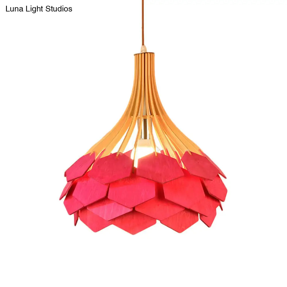 Modern Pine Cone Hanging Light Fixture - Wood Pendant Lamp For Dining Room With Red/Blue 1 Bulb