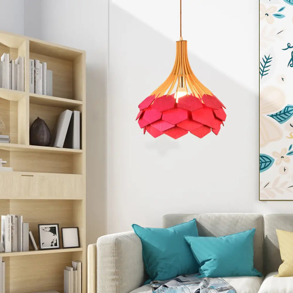 Modern Wood Pine Cone Pendant Lamp - Red/Blue 1-Bulb Hanging Light Fixture For Dining Room Red