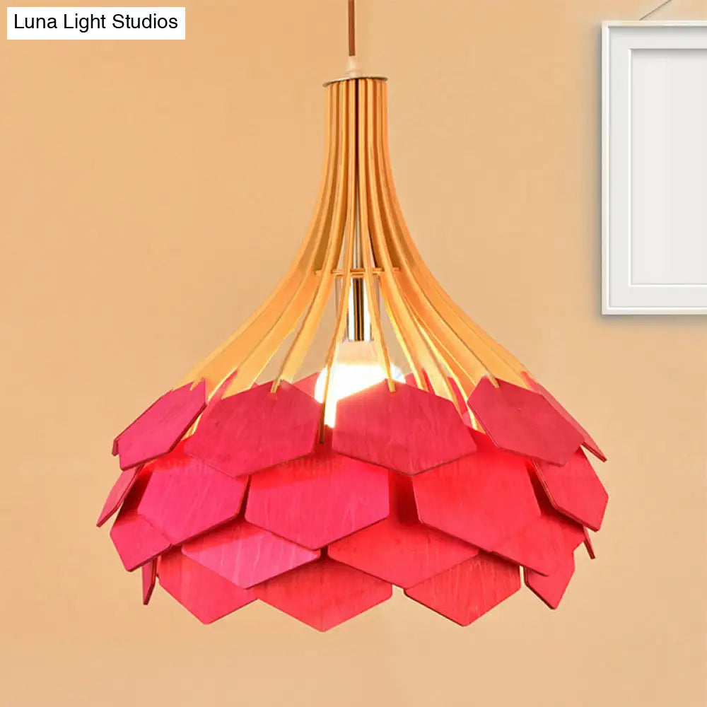 Modern Wood Pine Cone Pendant Lamp - Red/Blue 1-Bulb Hanging Light Fixture For Dining Room