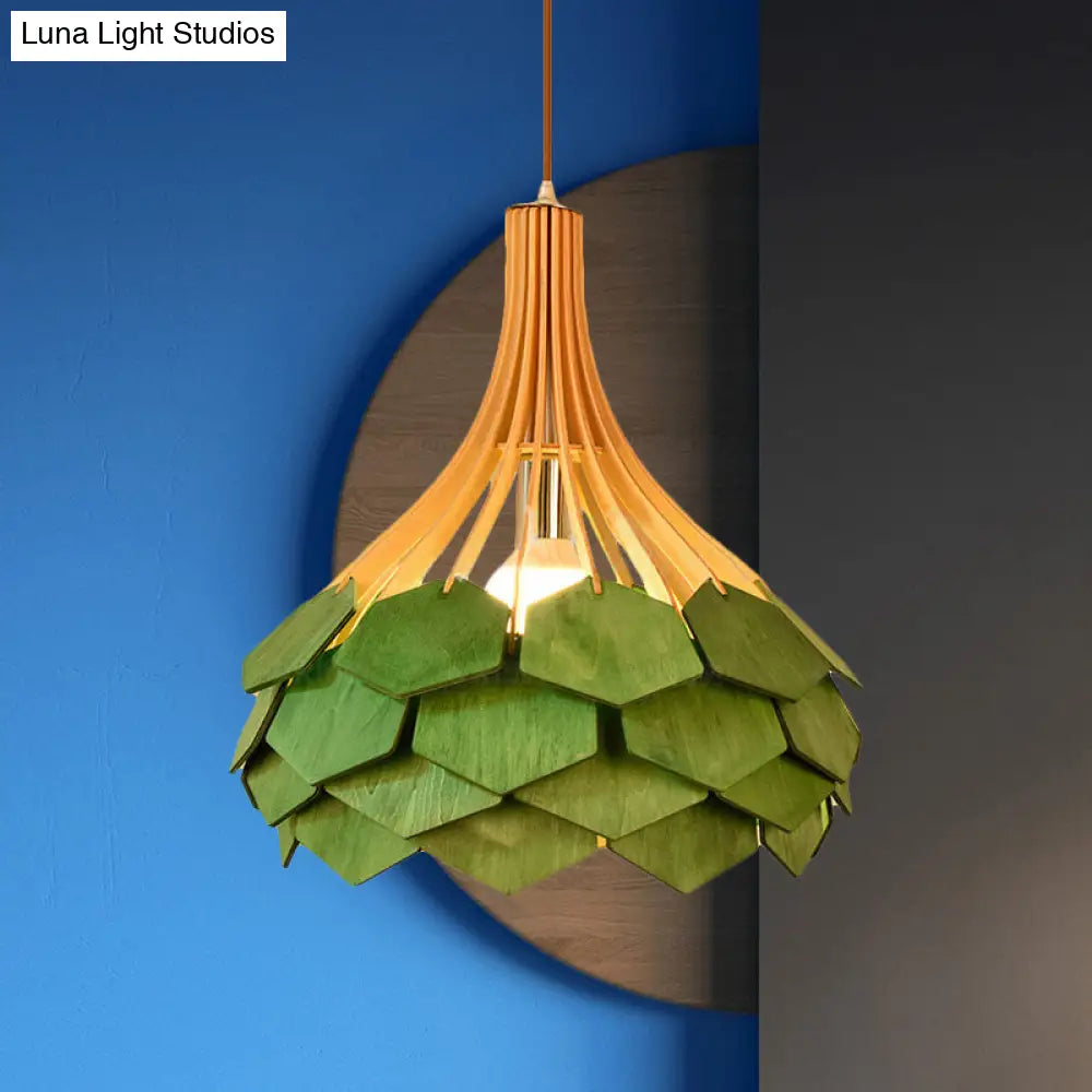 Modern Wood Pine Cone Pendant Lamp - Red/Blue 1-Bulb Hanging Light Fixture For Dining Room