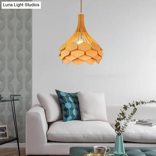 Modern Pine Cone Hanging Light Fixture - Wood Pendant Lamp For Dining Room With Red/Blue 1 Bulb