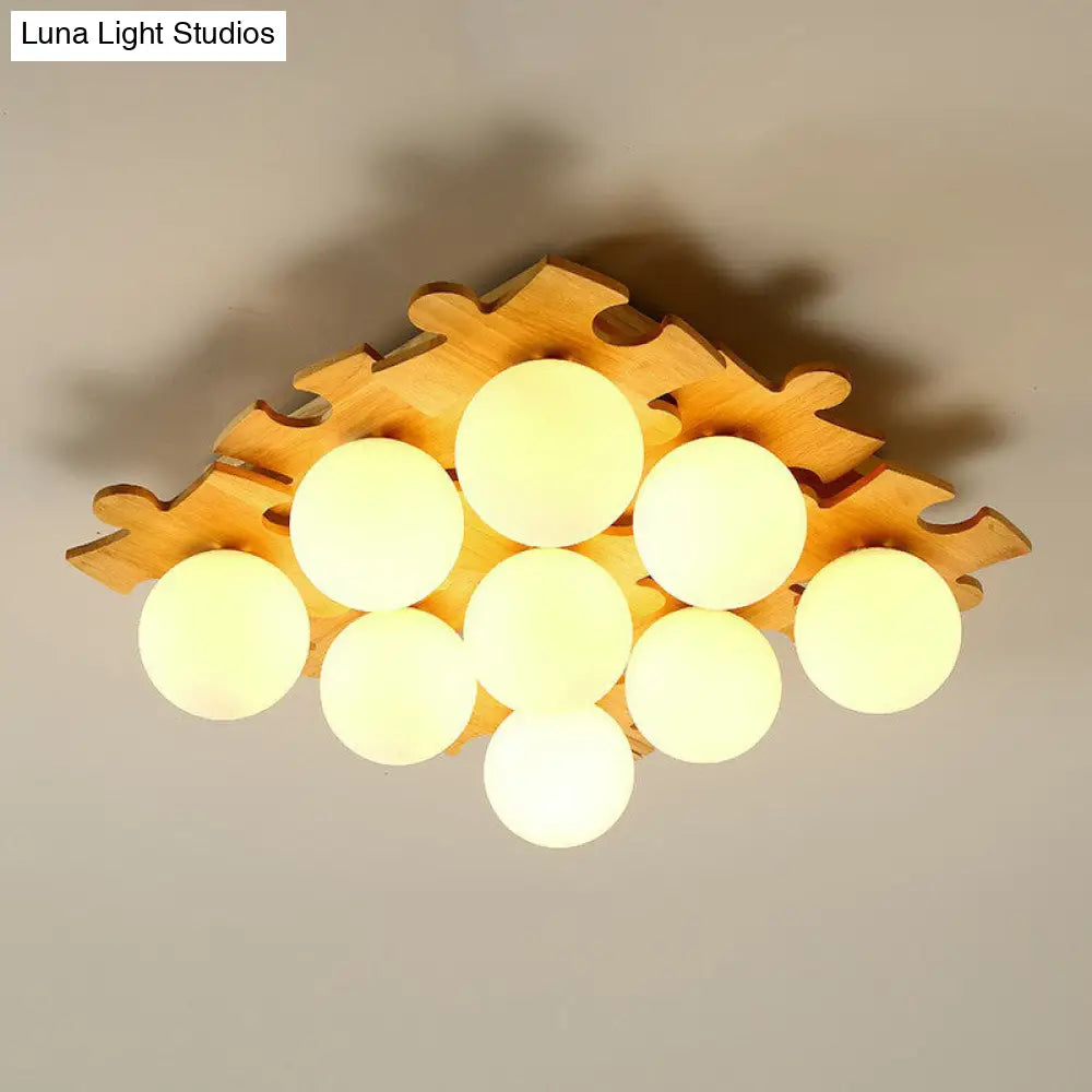 Modern Wood Puzzle Design Semi Flush Ceiling Light With White Glass Ball 9 /