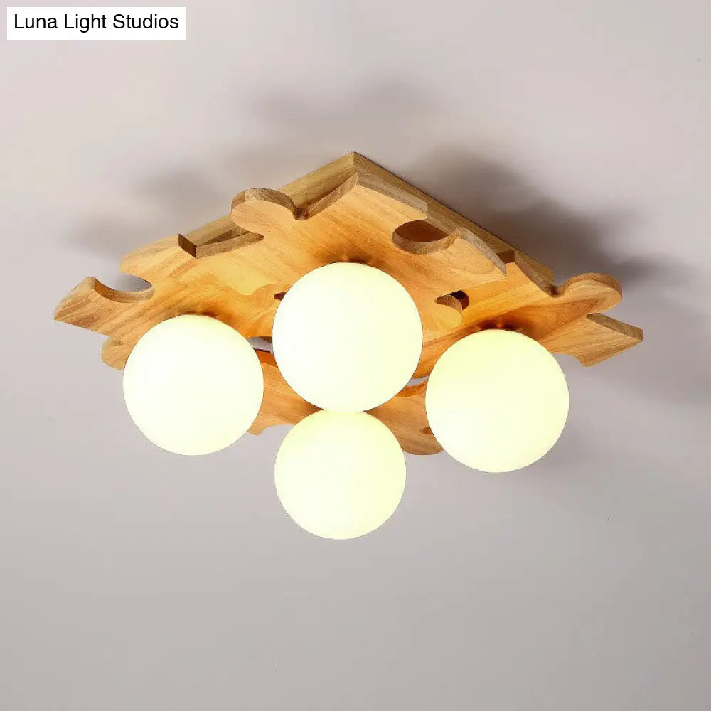 Modern Wood Puzzle Design Semi Flush Ceiling Light With White Glass Ball