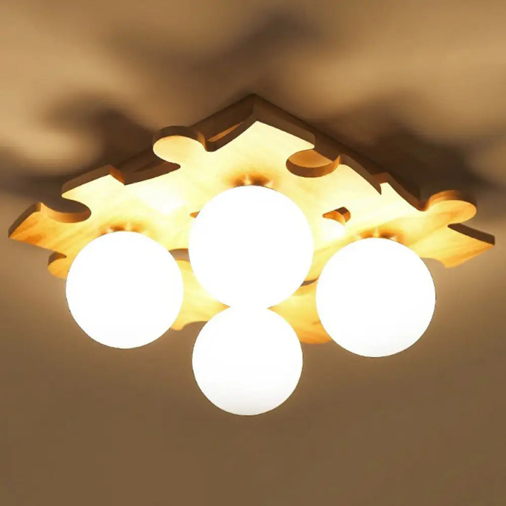 Modern Wood Puzzle Design Semi Flush Ceiling Light With White Glass Ball 4 /