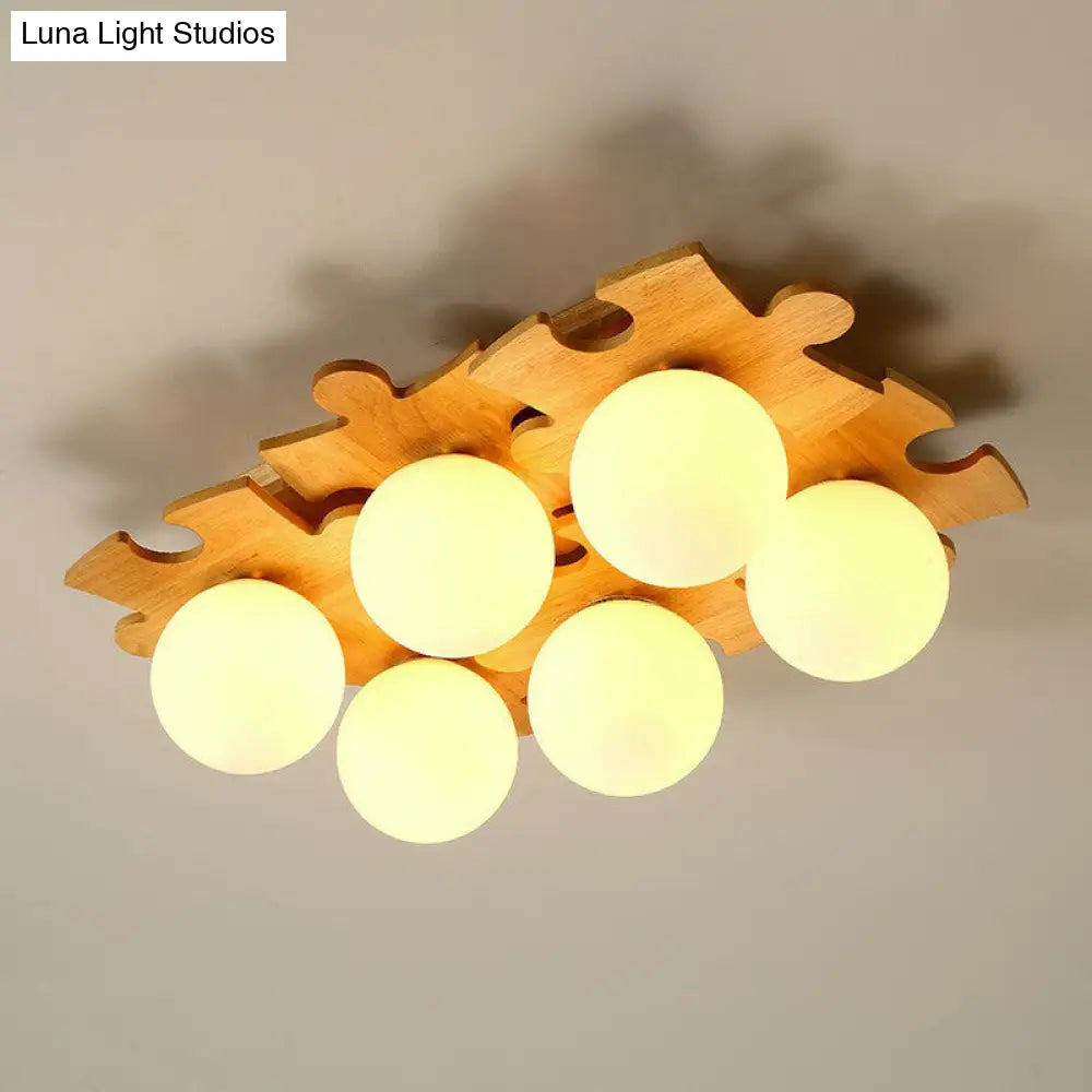 Modern Wood Puzzle Design Semi Flush Ceiling Light With White Glass Ball 6 /