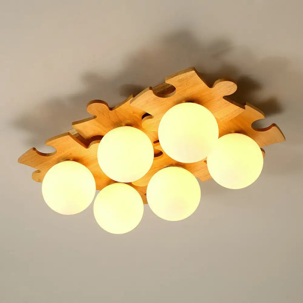 Modern Wood Puzzle Design Semi Flush Ceiling Light With White Glass Ball 6 /