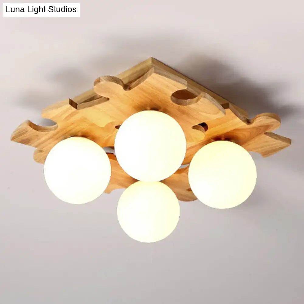 Modern Wood Puzzle Design Semi Flush Ceiling Light With White Glass Ball