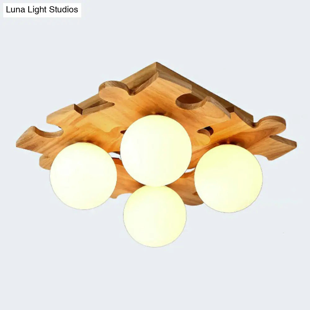 Modern Wood Puzzle Design Semi Flush Ceiling Light With White Glass Ball