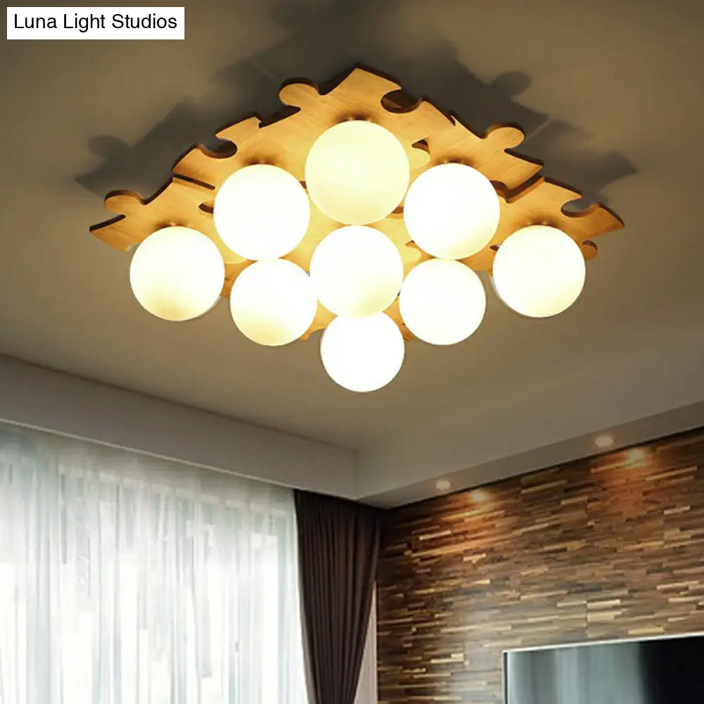 Modern Wood Puzzle Design Semi Flush Ceiling Light With White Glass Ball