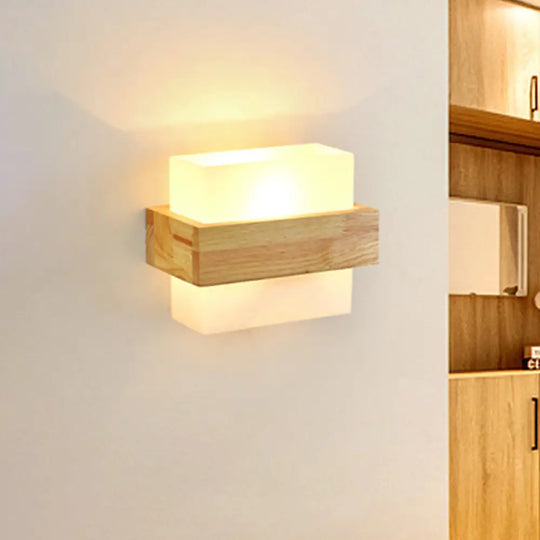 Modern Wood Rectangle Wall Lamp With Beige Sconce White Glass Shade