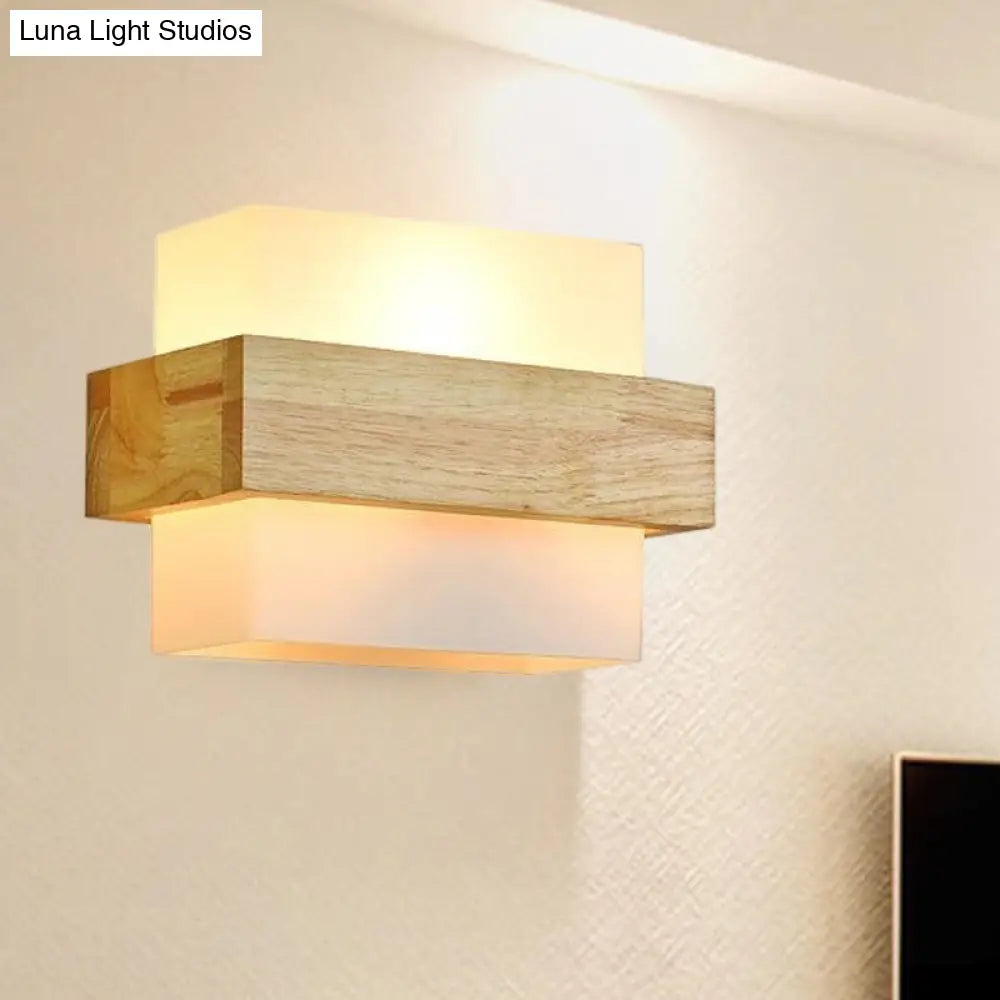 Modern Wood Rectangle Wall Lamp With Beige Sconce White Glass Shade