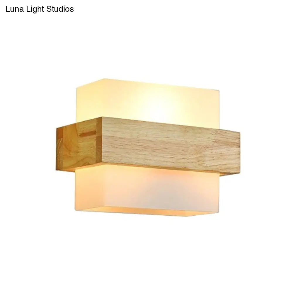 Modern Wood Rectangle Wall Lamp With Beige Sconce White Glass Shade