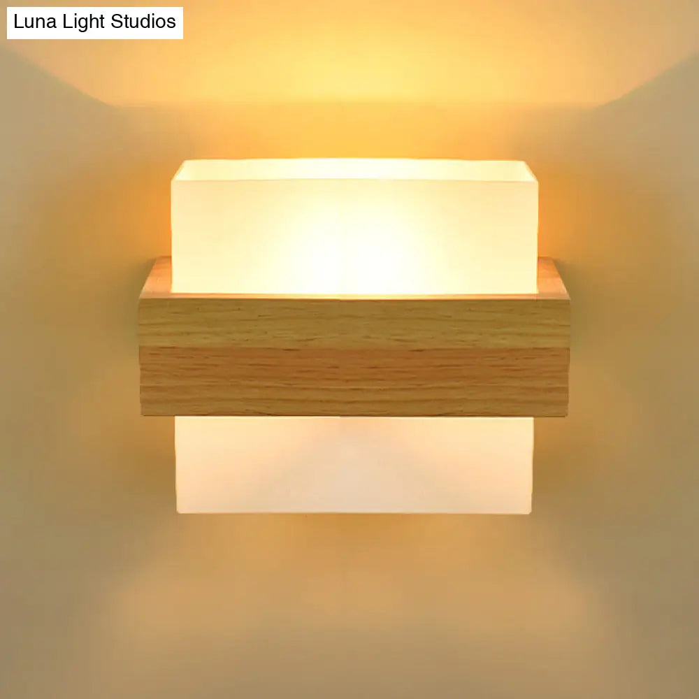 Modern Wood Rectangle Wall Lamp With Beige Sconce White Glass Shade