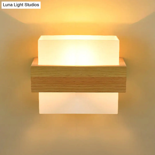 Modern Wood Rectangle Wall Lamp With Beige Sconce White Glass Shade