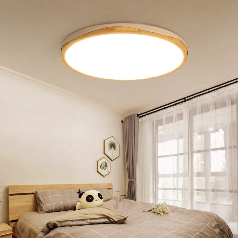 Modern Wood Round Flush-Mount Light Fixture - 14’/18’/21.5’ Wide Led White/Warm White / 14’