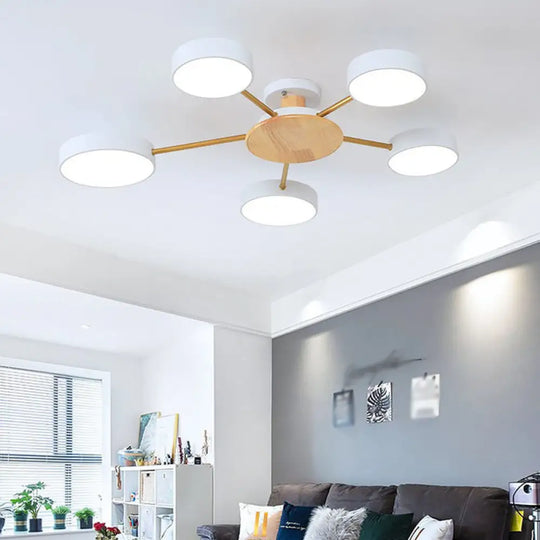 Modern Wood Round Semi Flush Ceiling Light With 5 Acrylic Heads - Stylish Lighting For Living Room /