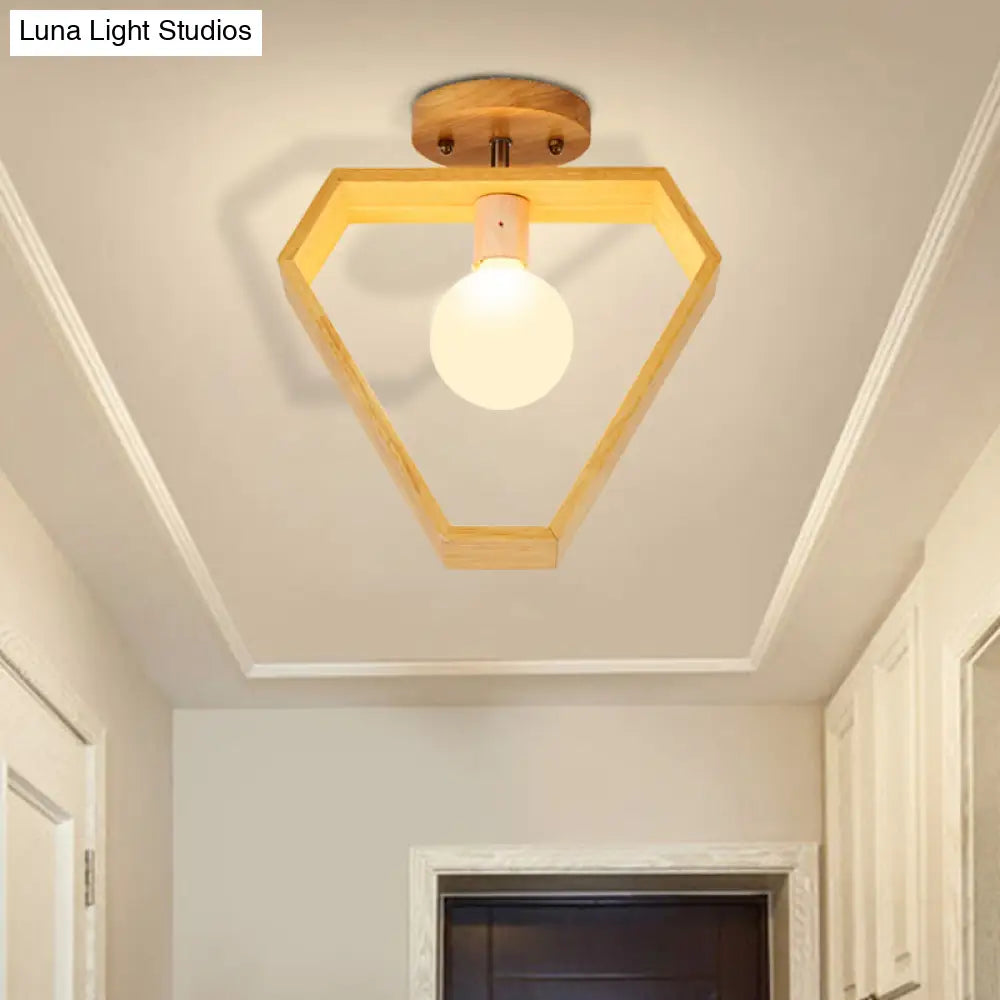 Modern Wood Semi Flush Mount Light - Triangle/Square/Pentagon Shape With White Glass 1 Head Ceiling