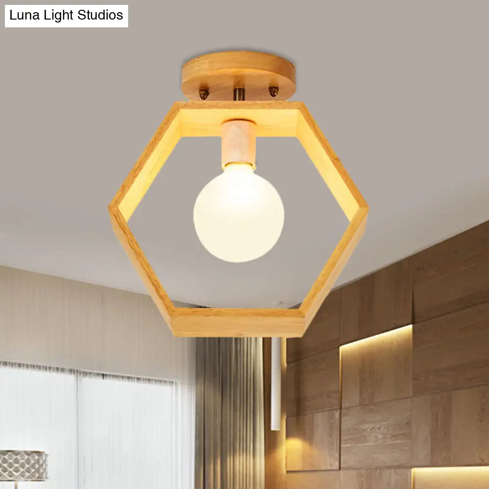 Modern Wood Semi Flush Mount Light - Triangle/Square/Pentagon Shape With White Glass 1 Head Ceiling