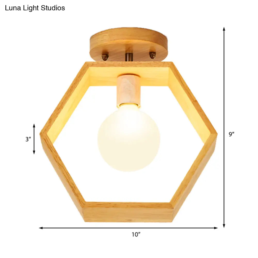 Modern Wood Semi Flush Mount Light - Triangle/Square/Pentagon Shape With White Glass 1 Head Ceiling