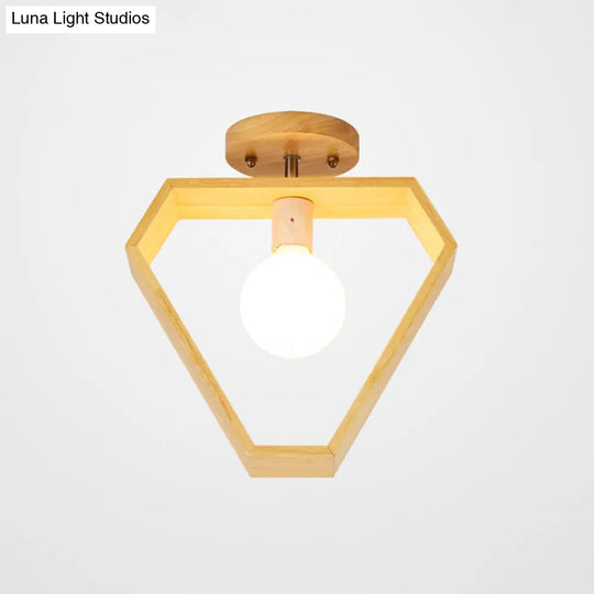 Modern Wood Semi Flush Mount Light - Triangle/Square/Pentagon Shape With White Glass 1 Head Ceiling