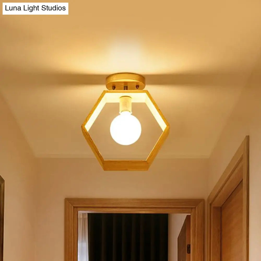 Modern Wood Semi Flush Mount Light - Triangle/Square/Pentagon Shape With White Glass 1 Head Ceiling