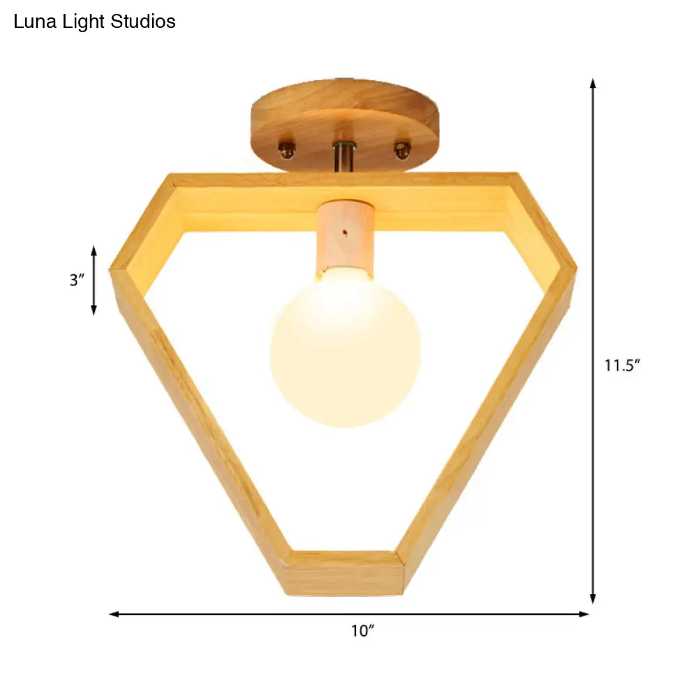 Modern Wood Semi Flush Mount Light - Triangle/Square/Pentagon Shape With White Glass 1 Head Ceiling