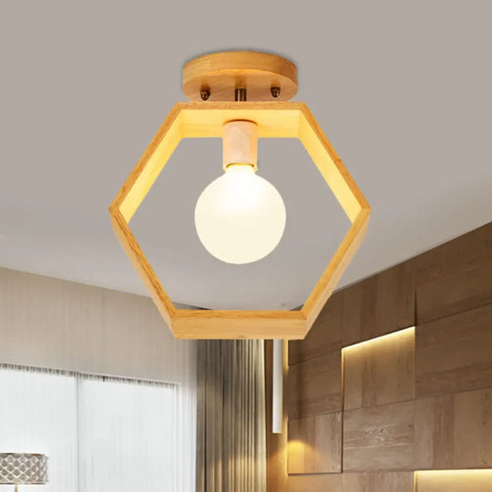 Modern Wood Semi Flush Mount Light - Triangle/Square/Pentagon Shape With White Glass 1 Head Ceiling