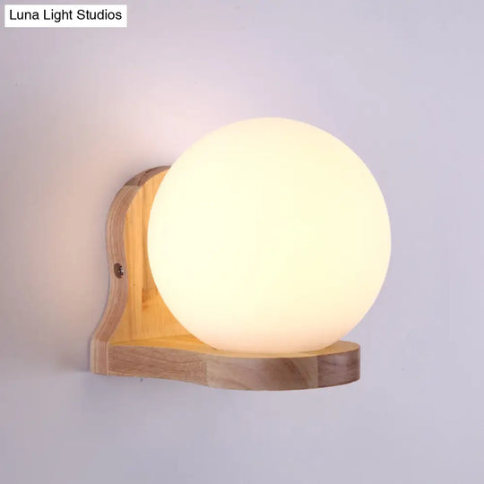 Modern Wood Spherical Wall Sconce Light With Milk Glass Shade